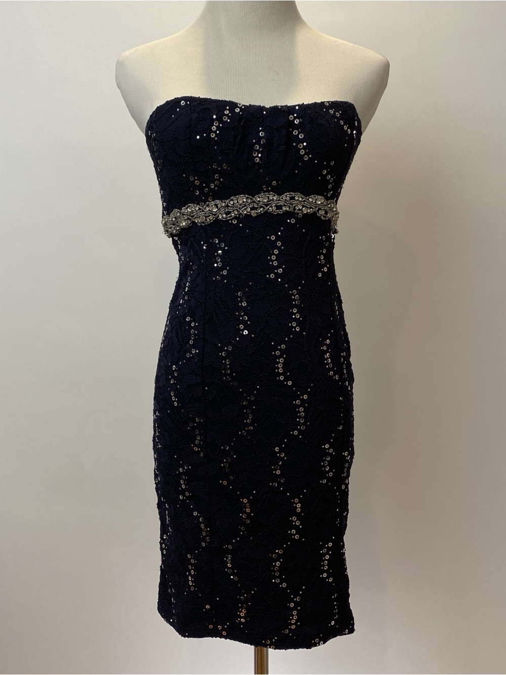 My Michelle Navy Strapless Sequin Lace Dress with Beaded Waist